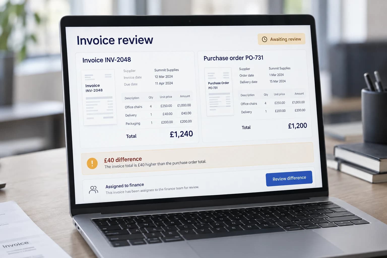 Invoice review on a laptop comparing a £1,240 invoice with a £1,200 purchase order and highlighting the £40 difference.