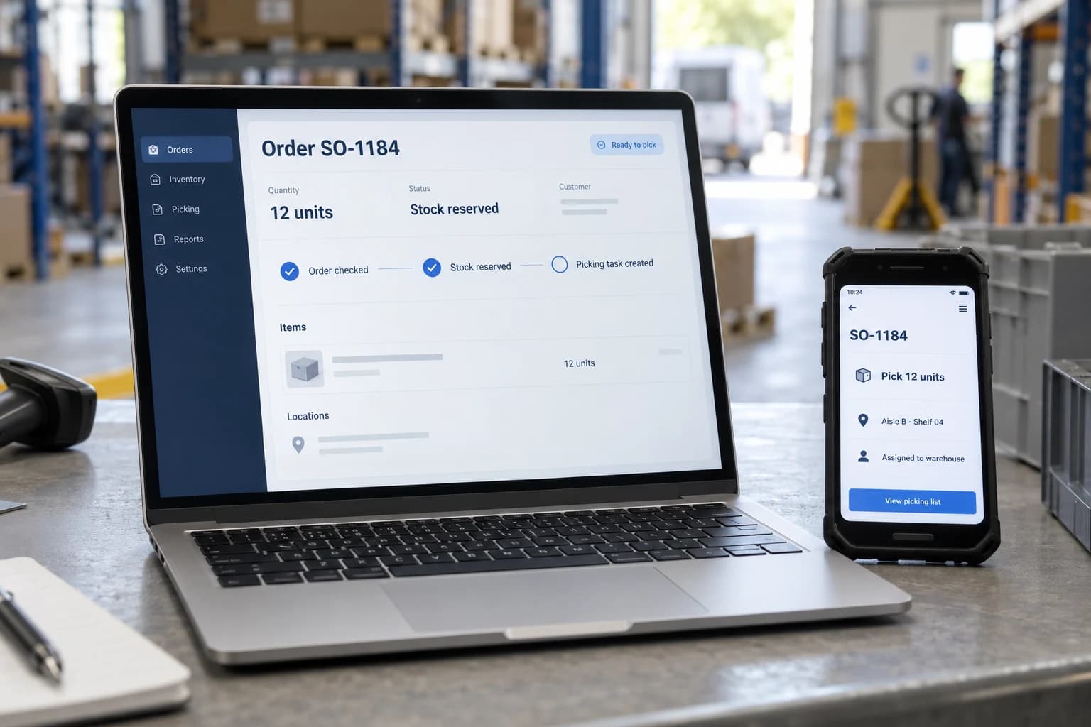 Warehouse laptop showing 12 units reserved for SO-1184, with the matching picking task on a phone.