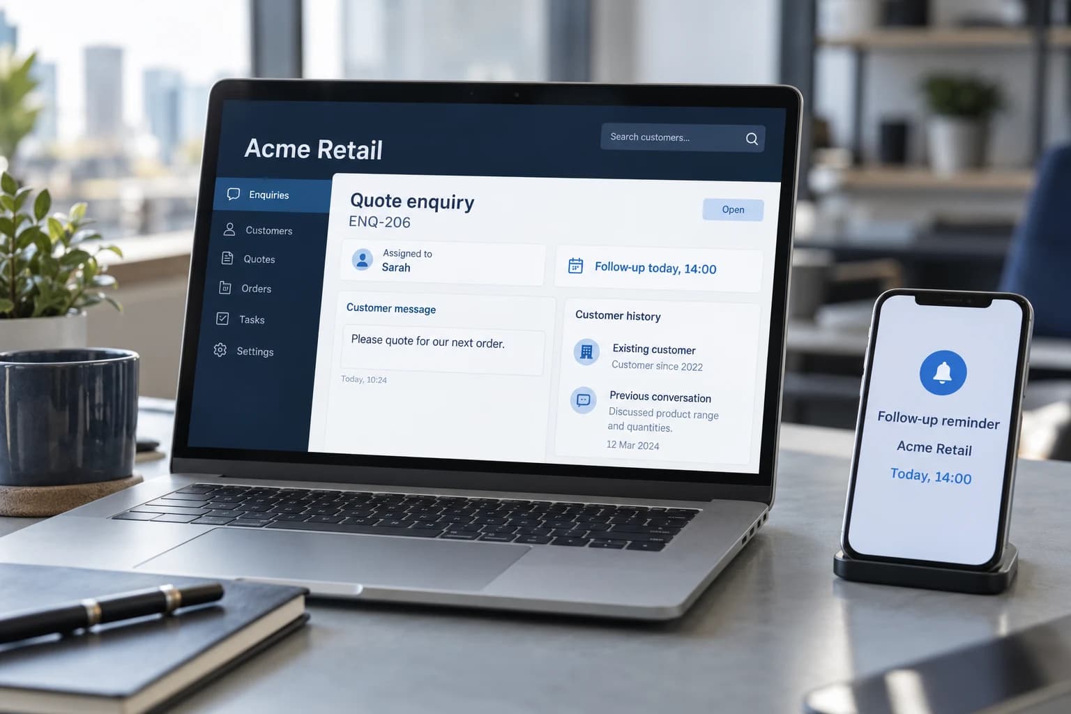 Customer enquiry for Acme Retail assigned to Sarah on a laptop, with a matching 14:00 follow-up reminder on a phone.