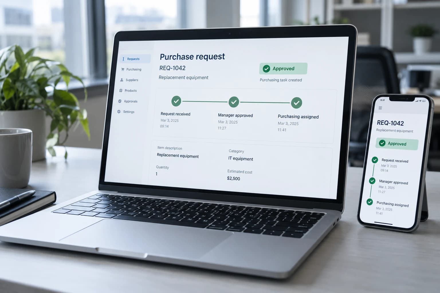 Laptop and phone showing purchase request REQ-1042 approved and assigned to purchasing.